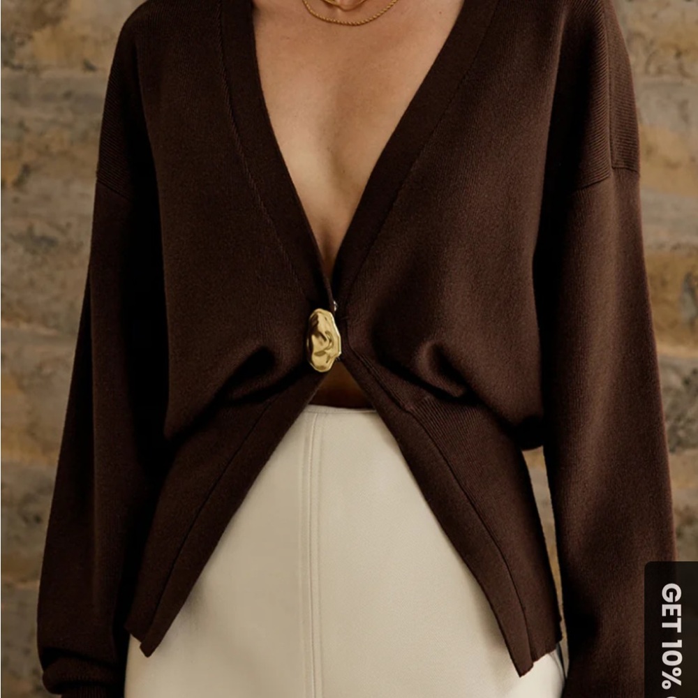 Commense Brown V-Neck Sweater with Gold Button